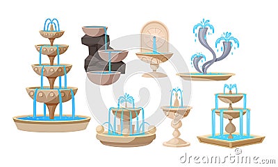 Collection of fountains, geyser waterfalls and water splash. Vintage and modern architecture decor Vector Illustration