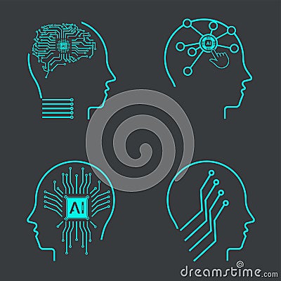 Collection of FOUR Artificial intelligence icons. Set in line style, machine learning, smart robotic head and cloud computing Vector Illustration