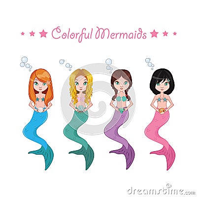 Collection of four colorful mermaids Vector Illustration