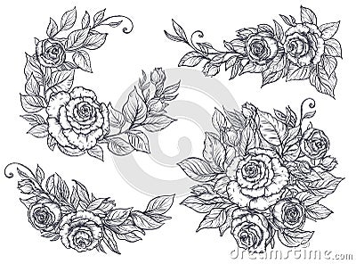 Collection of four elegant hand drawn graphic bouquets with rose flowers and leaves. Vector Illustration
