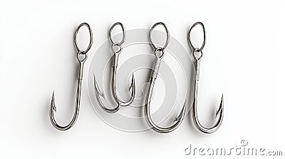 A collection of four metallic fishing hooks arranged in a row showcasing their sharp points and looped ends for bait attachment Stock Photo
