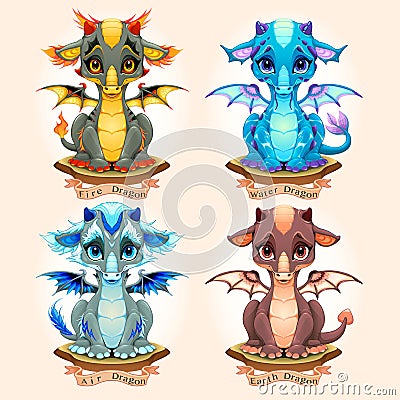 Collection of four natural element baby dragons, Fire, Water, Air and Earth Vector Illustration
