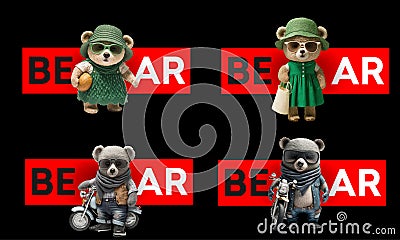 Collection of Four Unique Teddy Bears in Different Outfits and Poses, Isolated on a Dark Background with Red Vector Illustration