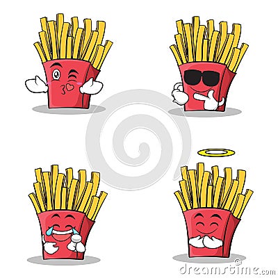 Collection of french fries cartoon character set Vector Illustration