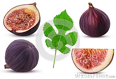 Collection fresh figs fruit, whole, slice, cut in half with leaf Stock Photo