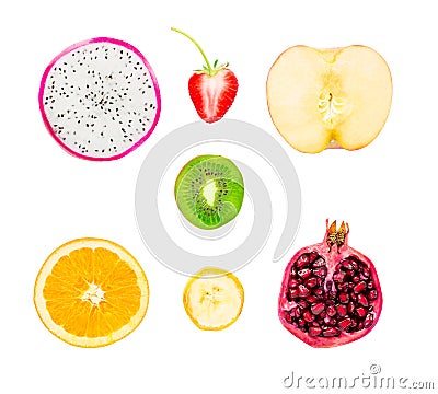 Collection of fresh fruit slices on white background.Dragon fruit ,strawberries,apple,kiwi,Orange,banana,pomegranate,with clipping Stock Photo