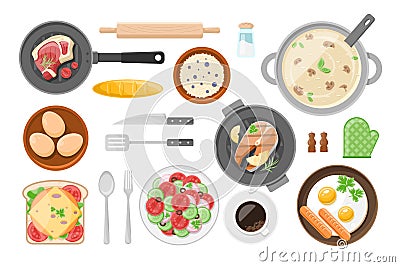 Collection fresh homemade delicious tasty food in serving plates and cutlery top view vector flat Vector Illustration