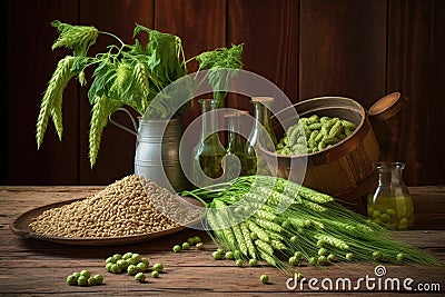 collection of fresh hops and barley on a wooden table Stock Photo