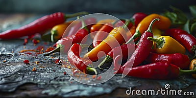 Collection of Fresh Hot Chilli Peppers on a rustic background Stock Photo