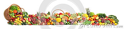 Collection of fresh organic vegetables and fruits on white background. Stock Photo