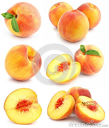 Collection of fresh peach fruits isolated Stock Photo
