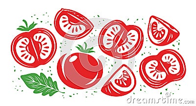 Collection of fresh red tomatoes. Half, slice of tomato Cartoon Illustration