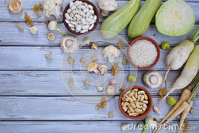 Collection of fresh white fruits, vegetables and bean. Healthy food concept. Vegetarian product. Organic Raw Produce. Stock Photo