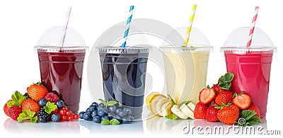 Collection of fruit smoothies fruits juice drink straw in a cup isolated on white Stock Photo