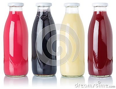 Collection of fruit smoothies fruits juice drink wild berries in a bottle isolated on white Stock Photo