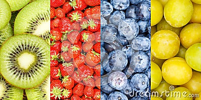 Collection of fruits fruit collage background with strawberries strawberry fresh berries berry blueberries blueberry Stock Photo