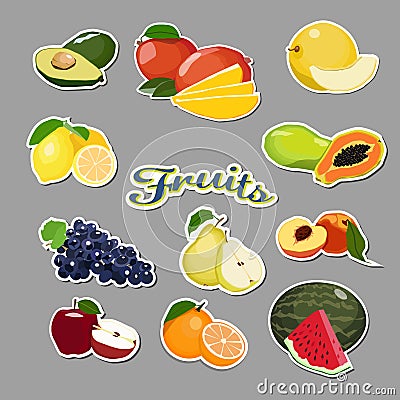 Collection of fruits stickers isolated on gray background. Vector Illustration