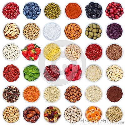 Collection of fruits and vegetables berries from above square bo Stock Photo