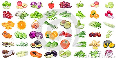 Collection of fruits and vegetables isolated on white background Stock Photo