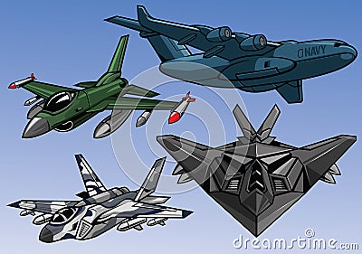 Collection of full color modern military aircraft Vector Illustration