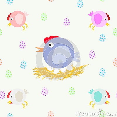 A collection of fun chickens and chicken moms on the nest. Multicolored eggs. Cool vector pattern. Vector Illustration