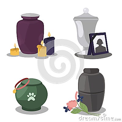 Collection funeral service icons with urns of cremation ceremony. Funeral columbarium urn with candles, flowers, urn for pets Vector Illustration