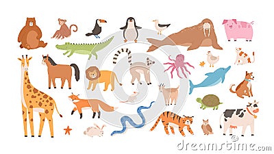 Collection of funny adorable wild exotic and domestic animals - cute mammals, reptiles, birds isolated on white Vector Illustration