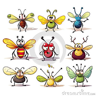 Collection of funny cartoon insects icons Stock Photo