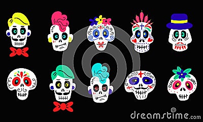 Collection of funny colorful skulls. Vector Vector Illustration