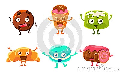 Collection of Funny Desserts Characters, Cookie, Ice Cream, Croissant, Candy, Biscuit Roll, Macaroon Vector Illustration Vector Illustration