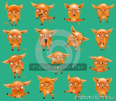 Collection of funny pigs with different emotions and in different poses isolated on background Vector Illustration