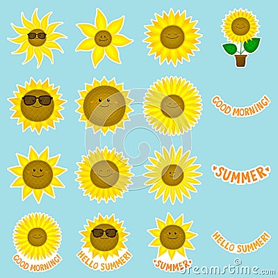 Collection of funny vector sunflowers stickers. Cartoon style Vector Illustration