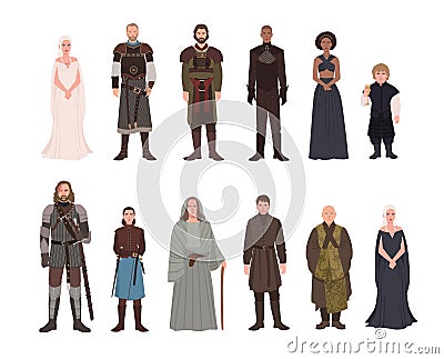 Collection of Game of Thrones fantasy novel and television adaptation male and female fictional characters. Gorgeous men Vector Illustration