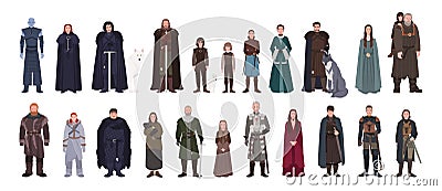 Collection of Game of Thrones novel and TV series fictional male and female characters or men and women dressed in Vector Illustration