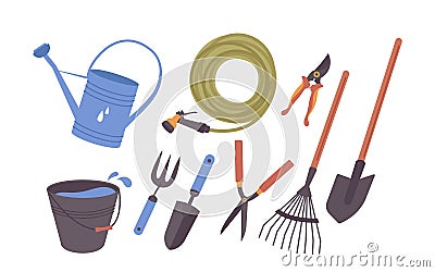Collection of garden tool, equipment and supply for plants care and cultivation isolated on white Vector Illustration