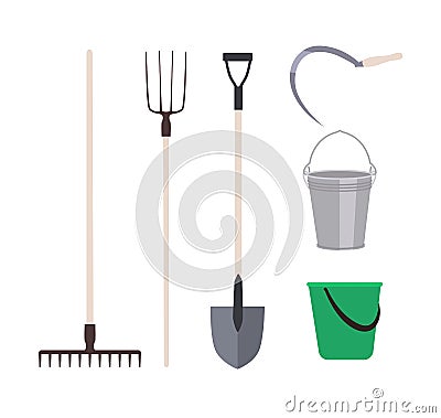 Collection of garden tools or agricultural implements isolated on white background - rake, pitchfork shovel, buckets Vector Illustration