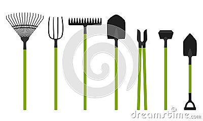 Collection of garden tools. Rake, shovel, pitchfork, hoe. A set of gardening tools. Design elements in a cartoon flat Vector Illustration