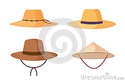 Collection of gardener, farmer or agricultural worker straw hats Vector Illustration
