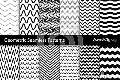 Collection of geometric seamless patterns. Wave, zigzag texture. Vector Illustration