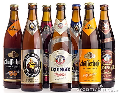 Collection of German wheat beers on white Editorial Stock Photo