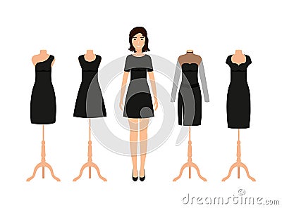 Collection girl clothing. Five black little dresses. Cocktail dress on woman. Clothes icon for girls Vector Illustration