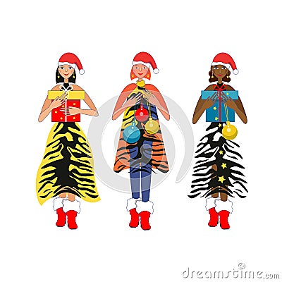 A collection of girls dressed up for the New Year, Christmas Stock Photo