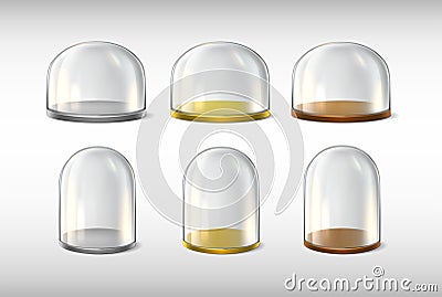 Collection of glass domes on the tray. 3d realistic vector icon. Transparent protective cover. Snow globe, souvenir or Vector Illustration