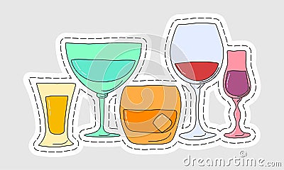 Collection of glasses of alcohol as a sticker. Tequila vermouth whiskey red wine liquor. Hand draw cartoon illustration. Doodle Vector Illustration