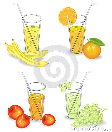 Collection. Glasses of natural fruit juice banana, orange, grapes, apple. Vector illustration, set Cartoon Illustration