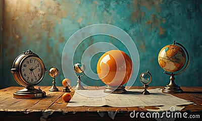 A collection of globes and a clock are displayed on a table. The clock is positioned on the left side of the table, whil Stock Photo
