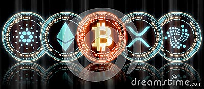 Collection of glowing blue gold digital multiple crypto currency coin set and BTC at middle Editorial Stock Photo