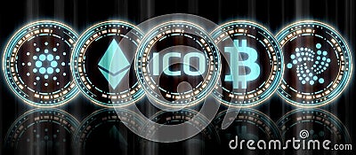 Collection of glowing blue gold multiple crypto currency coin set and ICO at middle with reflection on background. Editorial Stock Photo