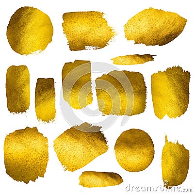 Collection of gold paint stokes on paper shiny and reflective isolated on white Stock Photo