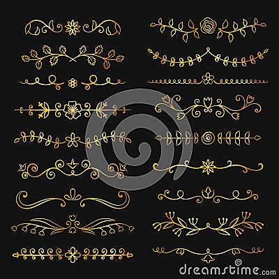 Collection of golden hand drawn flourish text dividers. Vector Illustration